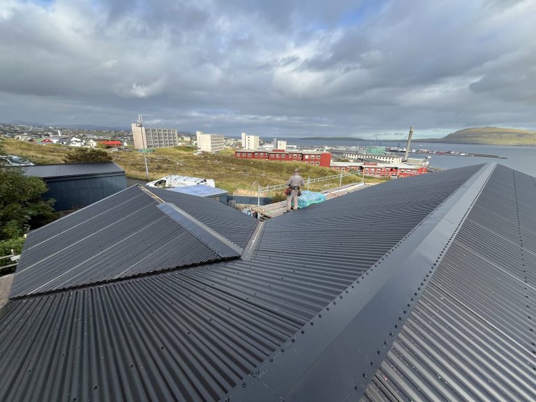 Snikkari á einum nýløgdum svørtum bárujarnstaki, við býnum og havnini niðanfyri